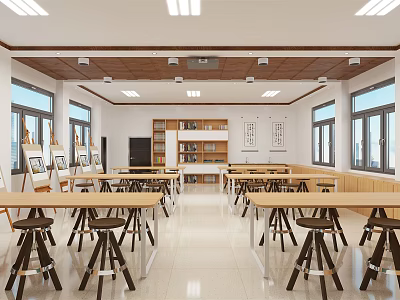 Bright Modern School Classroom Interior With Wooden Tables Bookshelves And Large Windows 3d model