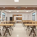 Bright Modern School Classroom Interior With Wooden Tables Bookshelves And Large Windows