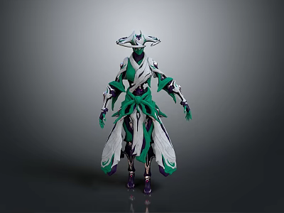 3D Character with Ornate Green White Costume Purple Accents and Flowing Elements 3d model