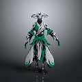 3D Character with Ornate Green White Costume Purple Accents and Flowing Elements