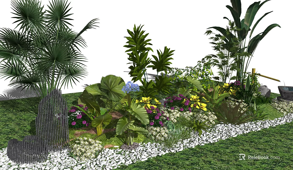 Lush Garden Decor Featuring Palm Leaves Mixed Plants And Colorful Flowers With Gravel 3d model 
