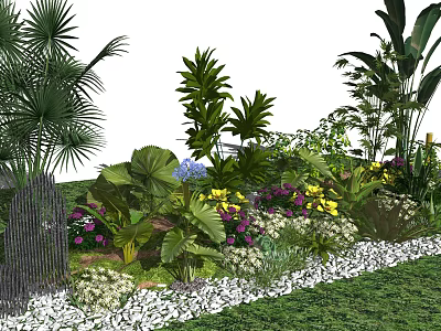 Lush Garden Decor Featuring Palm Leaves Mixed Plants And Colorful Flowers With Gravel 3d model