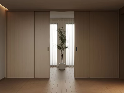 Minimalist Room Interior With Wooden Sliding Doors And Green Plant In White Planter 3d model