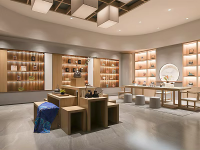 Traditional Style Specialty Store Interior With Wooden Shelves Display Counters Tables And Lighting 3d model