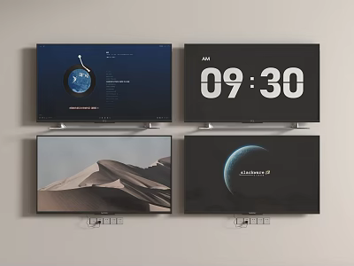 Four Wall Mounted TVs Showing Different Screen Displays Time Landscape And Earth 3d model