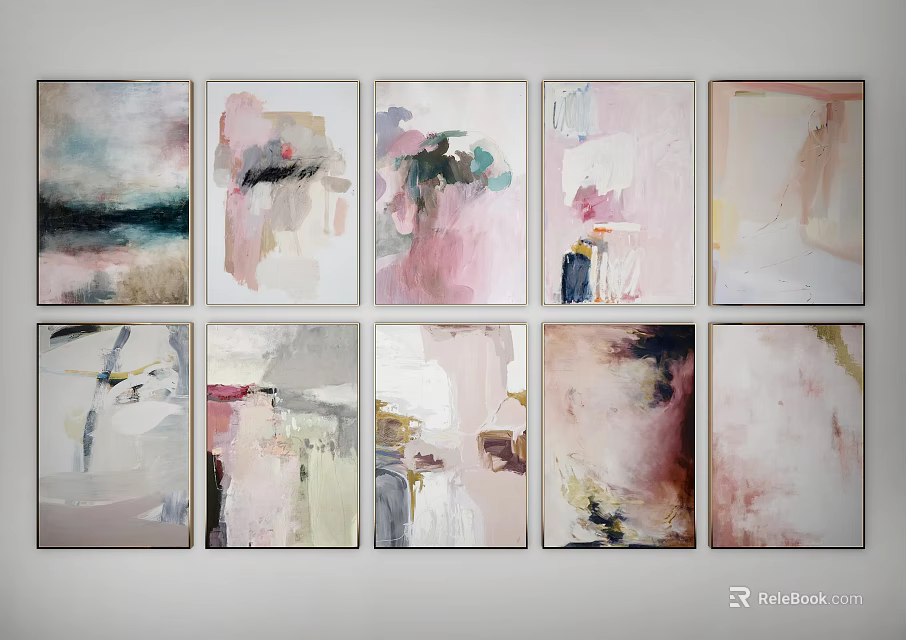Abstract Paintings Wall Art Collection With Soft Pink And Gray Tones 3d model 
