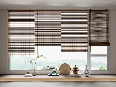 Natural Bamboo Window Blinds With Decorative Plants And Scenic Outdoor View 3d model