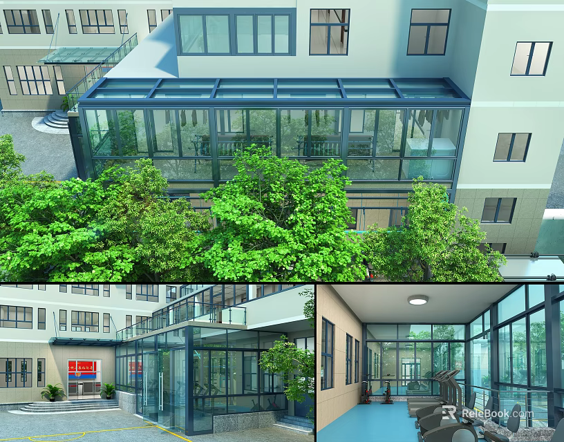 Gym Building with Glass Structure and Indoor Workout Equipment Surrounded by Green Trees 3d model 