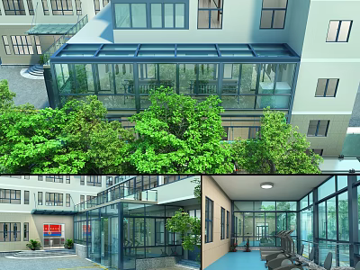 Gym Building with Glass Structure and Indoor Workout Equipment Surrounded by Green Trees 3d model