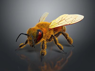 Detailed Fuzzy Bee With Transparent Wings Red Eyes And Reflection On Dark Background 3d model