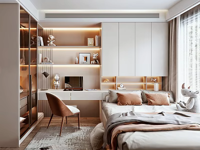 Modern Bedroom Interior Design With Bed Desk Chair Lighting Throw Pillows Curtains And Area Rug 3d model