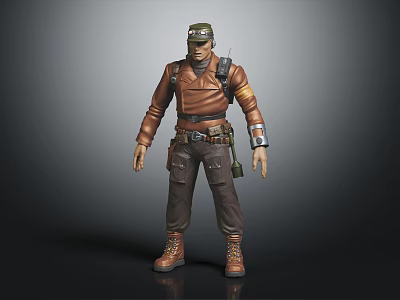 3D Human Character Explorer With Brown Jacket Tactical Gear And Backpack 3d model