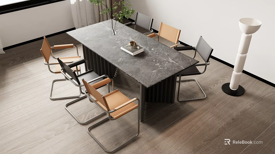 Modern Dining Table Set With Gray Marble Top And Six Wooden Metal Chairs 3d model 