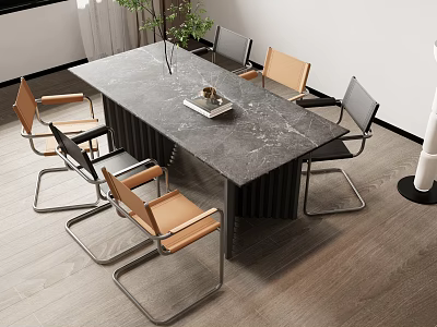 Modern Dining Table Set With Gray Marble Top And Six Wooden Metal Chairs 3d model