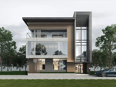 Modern Single Family House Exterior Design With Large Glass Windows Wooden Elements And Surrounding Trees 3d model