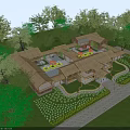 Wooden Structure Office Building With Sunflower Field Surrounding Trees And People Walking