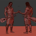 Game and Movie Characters in Plaid Outfits Holding Lute and Swords Shaking Hands