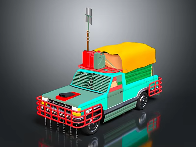 Cartoon Style Green Off Road Vehicle With Red Bumper Yellow Roof And Antenna 3d model