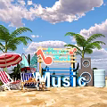 Vibrant Beach Music Rock Scene With Palm Trees Umbrella Beach Chairs Surfboard And Lifebuoy Speakers