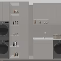 Modern White Bathroom Cabinet Rack with Washing Machine Dryer Sink Open Shelves and Storage