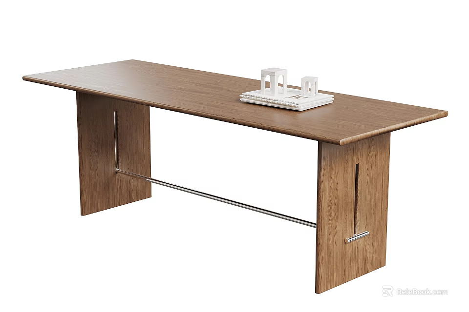Wooden Dining Table With Brown Top And Metal Crossbar Legs Featuring White Decorative Object 3d model 