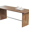 Wooden Dining Table With Brown Top And Metal Crossbar Legs Featuring White Decorative Object