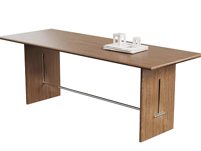 Wooden Dining Table With Brown Top And Metal Crossbar Legs Featuring White Decorative Object 3d model