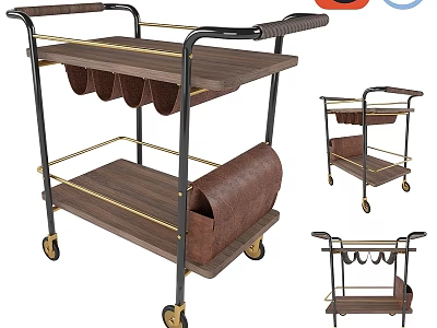 Practical Multifunctional Trolley with Cup Holders Paper Towel Rack Wine Storage Wooden Shelves Metal Frame 3d model
