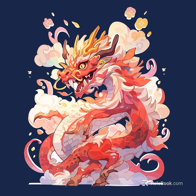 Vibrant Red Dragon Wall Decoration With Clouds Gold Accents And Dark Blue Background 3d model 