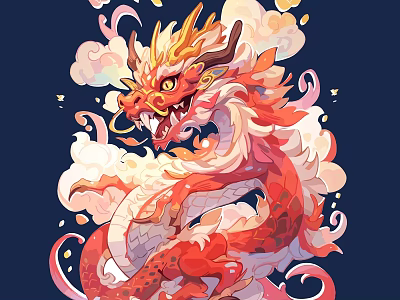 Vibrant Red Dragon Wall Decoration With Clouds Gold Accents And Dark Blue Background 3d model