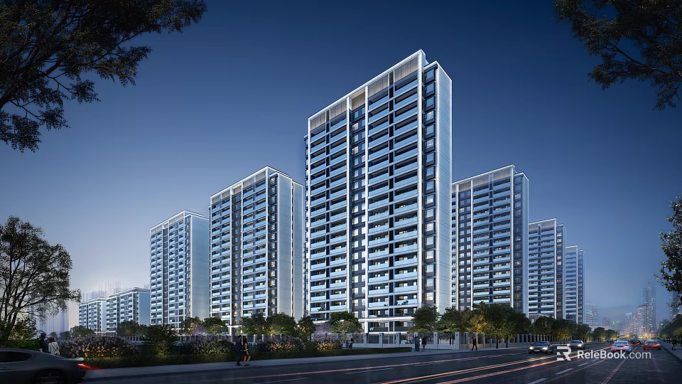 Modern High Rise Residential Building Exterior With Glass Facade Surrounding Trees And Evening Lighting 3d model 