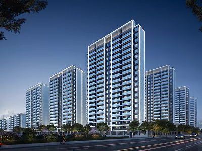 Modern High Rise Residential Building Exterior With Glass Facade Surrounding Trees And Evening Lighting 3d model