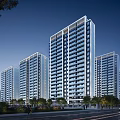 Modern High Rise Residential Building Exterior With Glass Facade Surrounding Trees And Evening Lighting