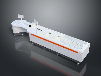 White Long Automated Processing Equipment With Curved Console Orange Stripe And Display Screen 3d model