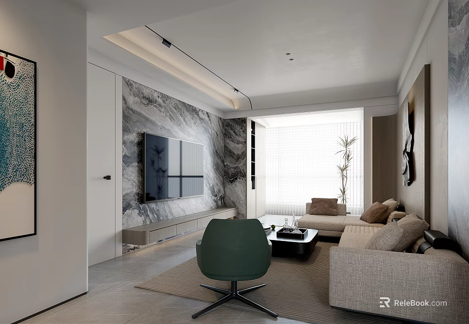 Sunlit Modern Minimalist Living Room With Elegant Marble TV Wall And Comfortable Beige Sofa 3d model 