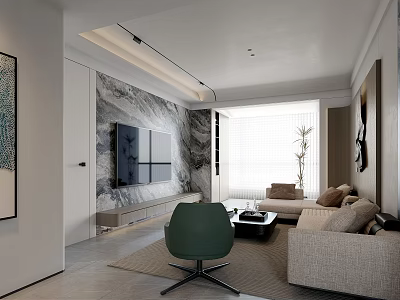 Sunlit Modern Minimalist Living Room With Elegant Marble TV Wall And Comfortable Beige Sofa 3d model