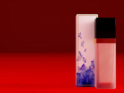 Luxury Perfume Cosmetics With Pink Bottle Black Cap And Purple Butterfly Packaging On Red Background 3d model