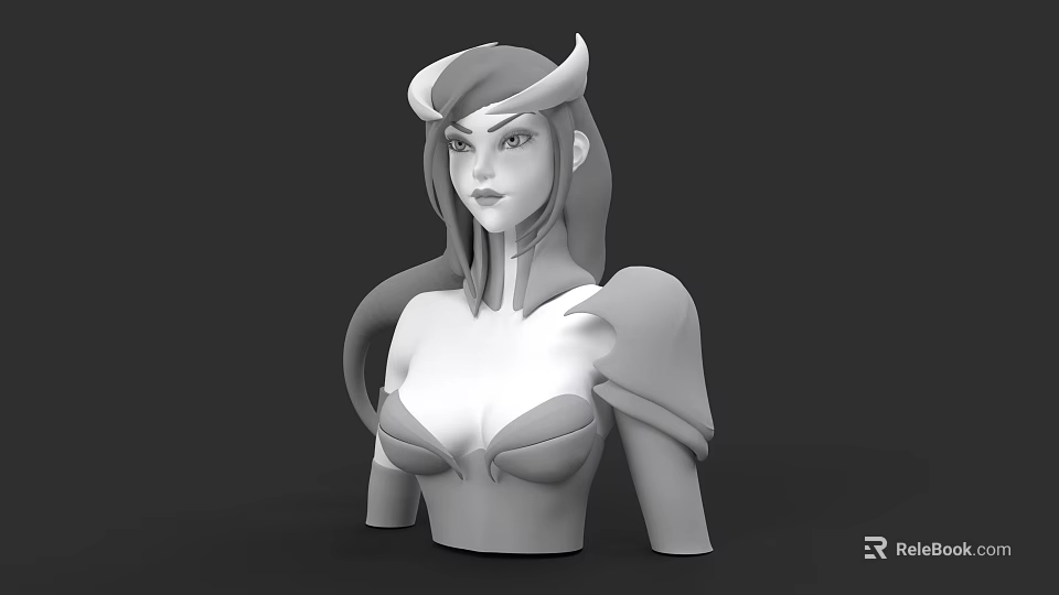 Woman 3D Model Bust with Long Hair Horns and Decorative Armor Design 3d model 