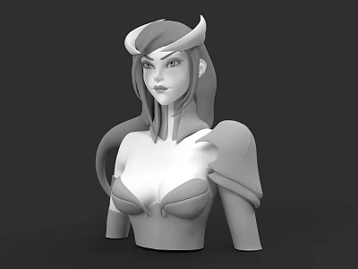 Woman 3D Model Bust with Long Hair Horns and Decorative Armor Design 3d model