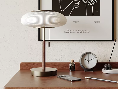 Stylish Decorative Ornament Combination With Table Lamp Clock Pen And Small Items On Wooden Table 3d model