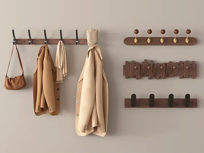 Various Wall Mounted Coat Hooks With Hanging Coats Bags And Scarves 3d model