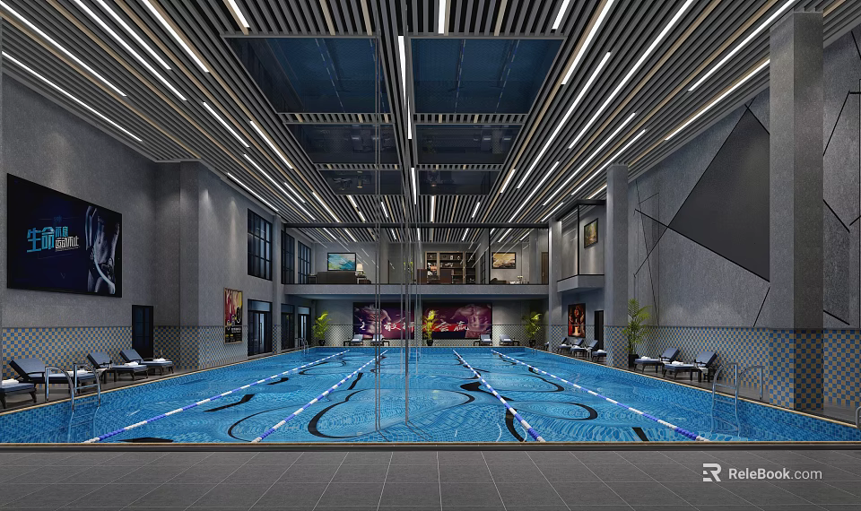 Indoor Swimming Pool Area Modern Interior Design With Ceiling Lights Lounge Chairs And Blue Water 3d model 