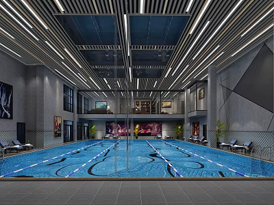 Indoor Swimming Pool Area Modern Interior Design With Ceiling Lights Lounge Chairs And Blue Water 3d model