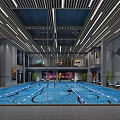 Indoor Swimming Pool Area Modern Interior Design With Ceiling Lights Lounge Chairs And Blue Water