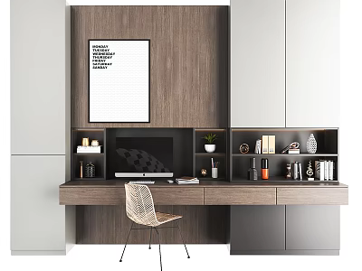 Modern Home Office Desk With Wooden Cabinetry Open Shelves Computer Books And Decorative Items 3d model