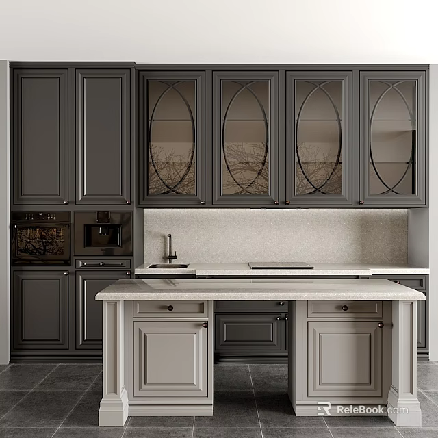 Modern Kitchen Interior With Dark Glass Door Cabinets And Island Countertop 3d model 