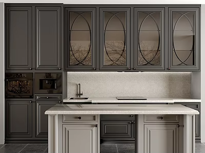 Modern Kitchen Interior With Dark Glass Door Cabinets And Island Countertop 3d model