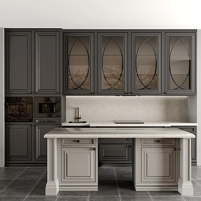 Modern Kitchen Interior With Dark Glass Door Cabinets And Island Countertop 3d model