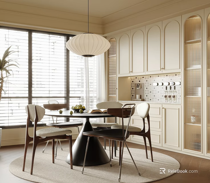 Modern Restaurant Interior With White Cabinets Dining Table Pendant Light And Large Windows 3d model