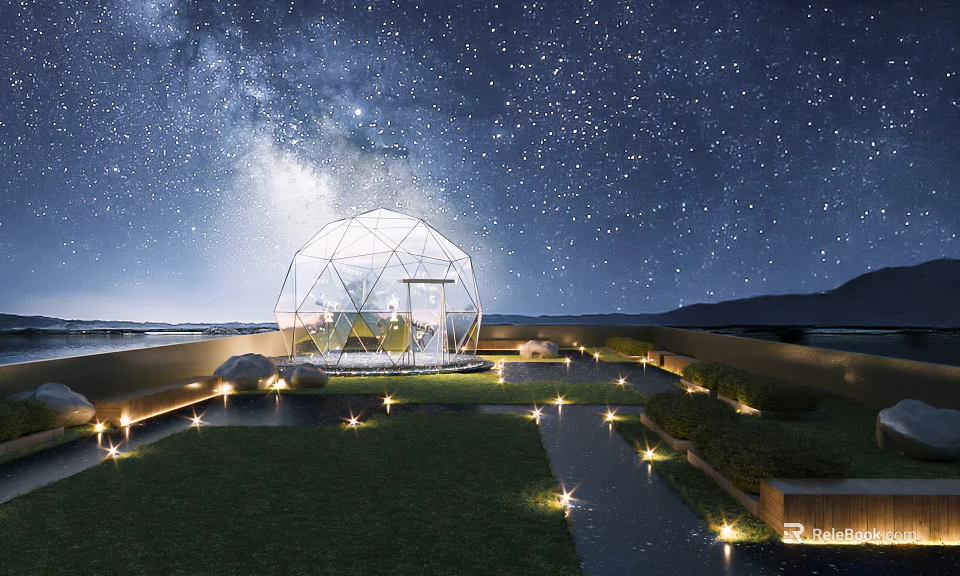 Rooftop Garden Featuring Transparent Dome Structure Starry Night Sky Lawn Lighting And Mountain Backdrop 3d model 